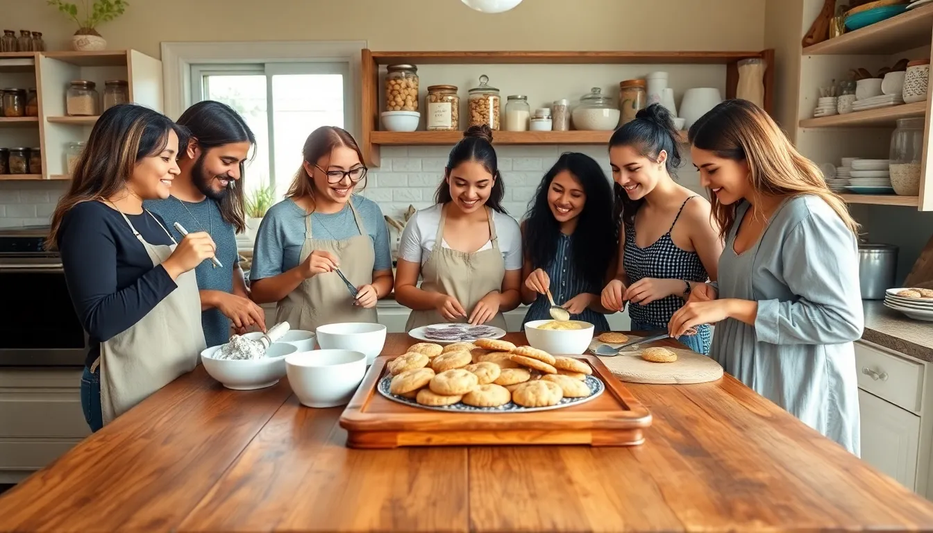 group baking cookies in a cozy kitchen setting.