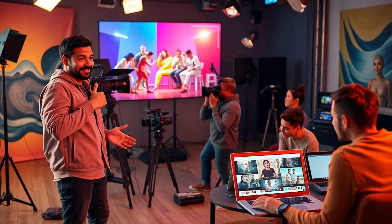 a diverse team collaborating on a music video in a modern studio.