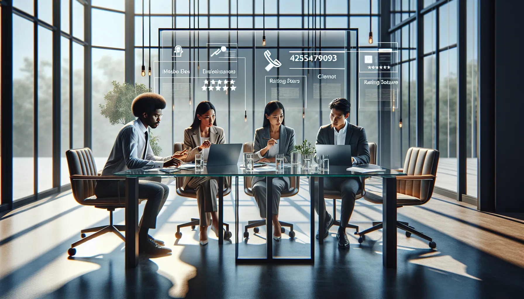 diverse professionals collaborating in an office about a phone number.