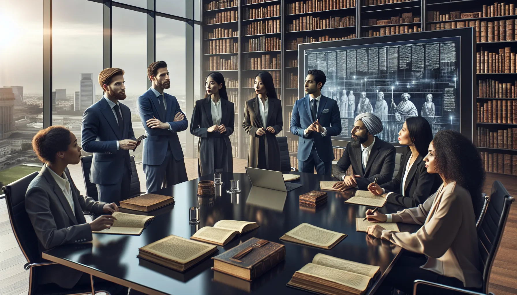 diverse scholars discussing history in a modern library setting.