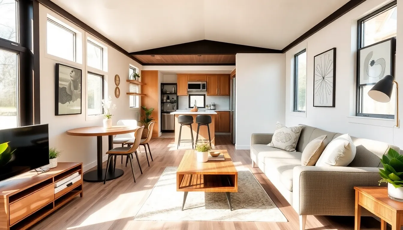 modern tiny house interior with open layout and multifunctional furniture.