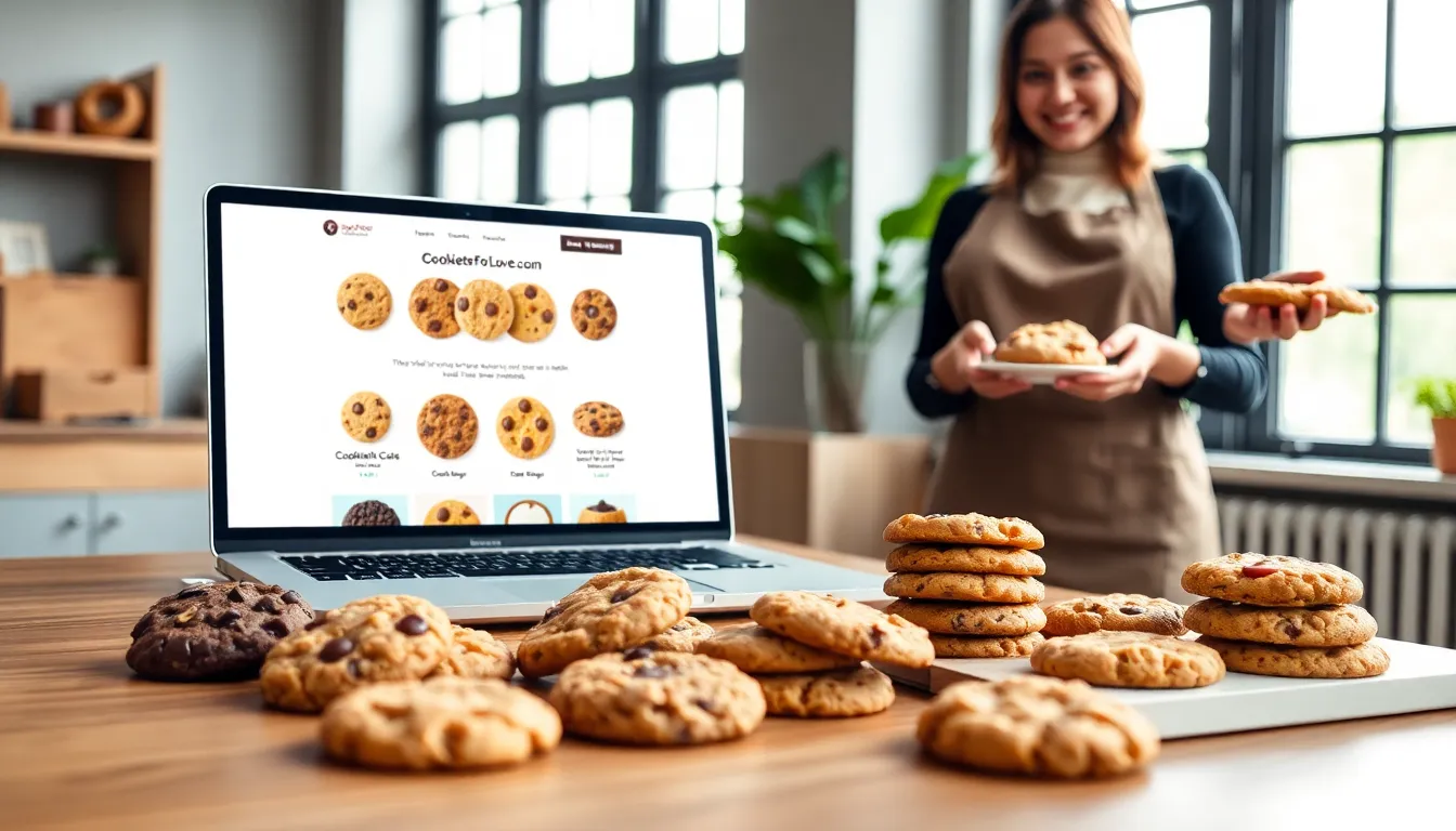 a cozy workspace with cookies and a laptop displaying CookiesForLove.com.