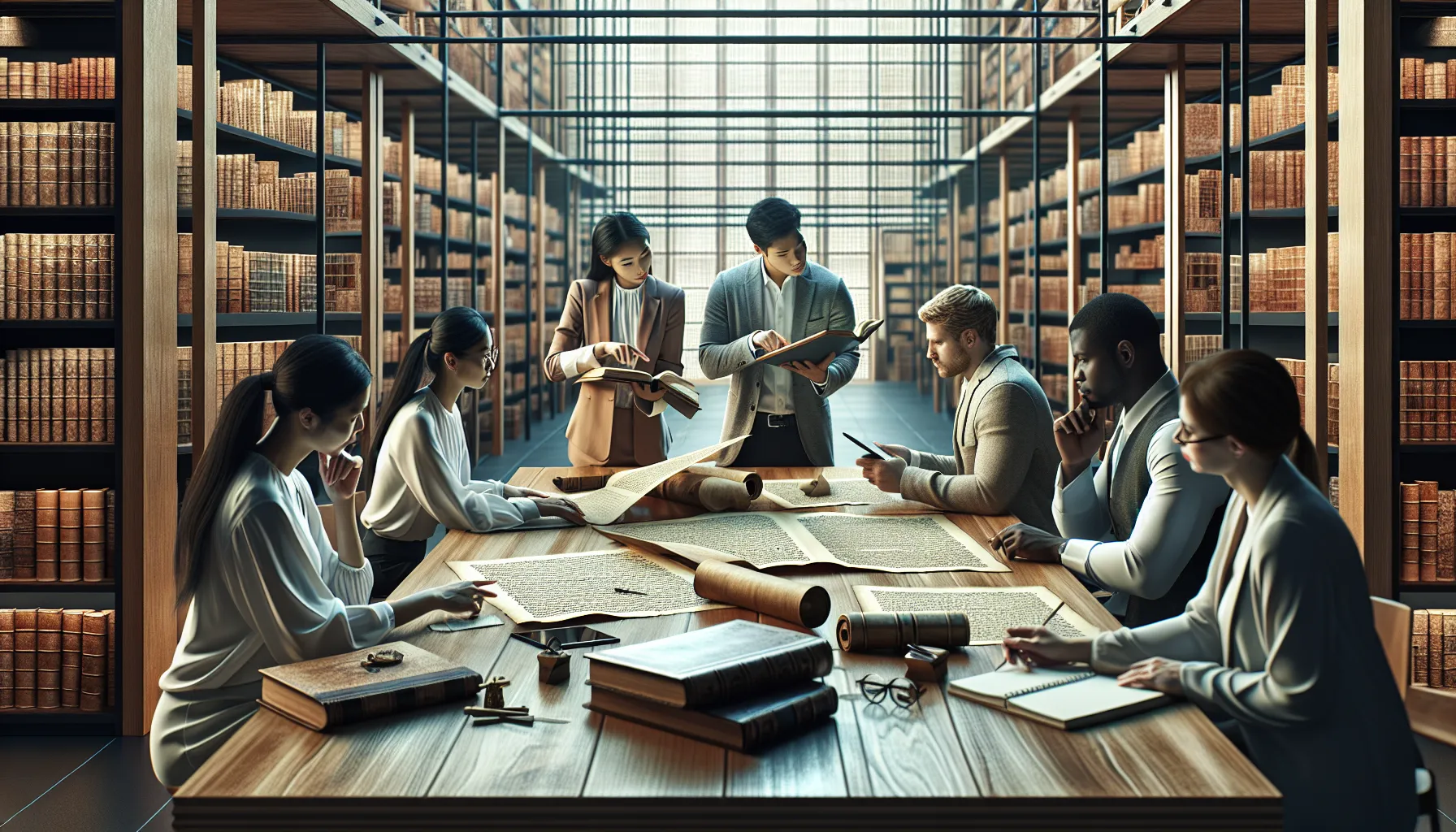 scholars discussing ancient texts in a modern research environment.