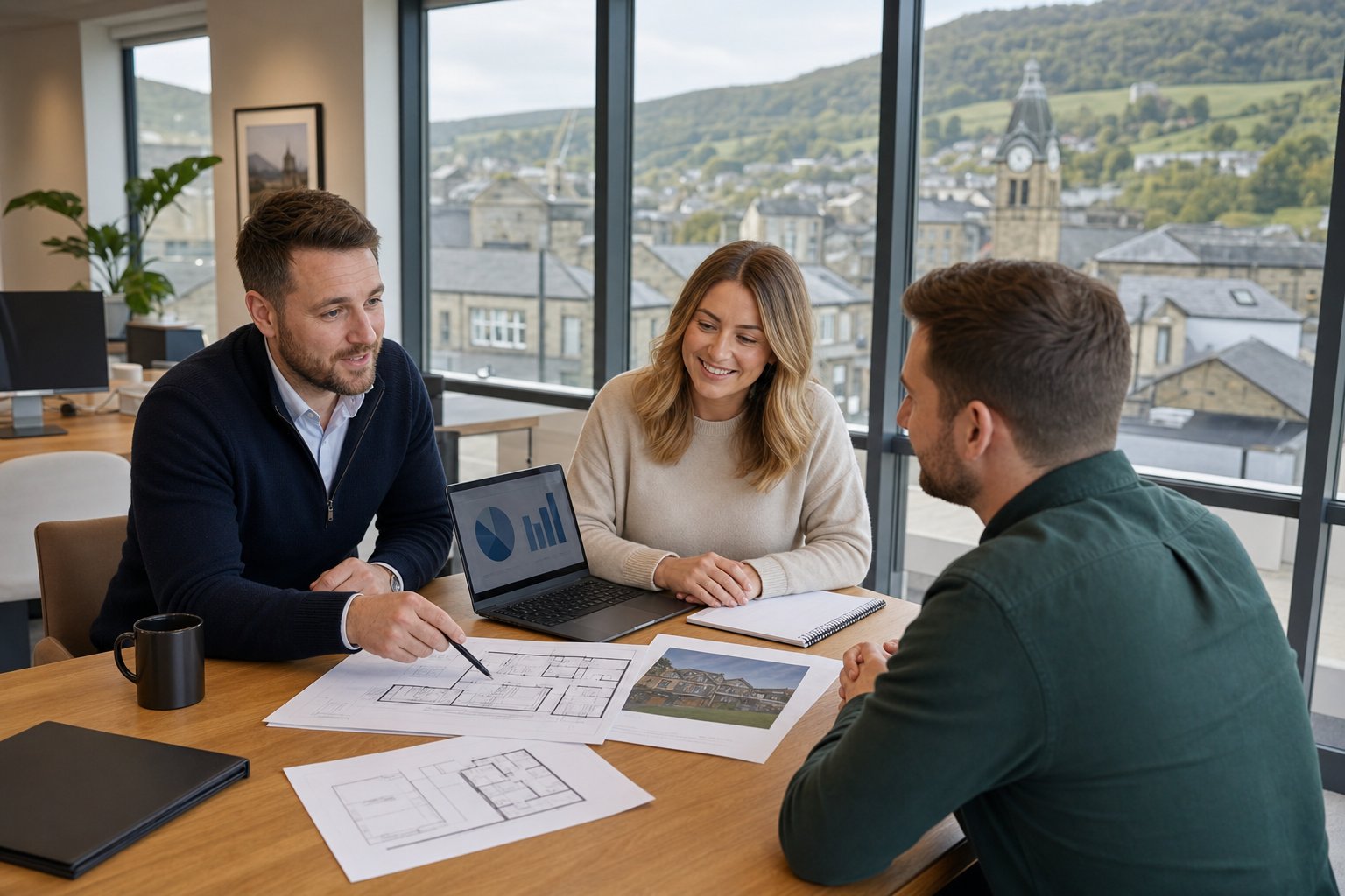 Professional commercial mortgage advisers meeting with a client in a modern office, reviewing property and finance documents with a subtle Rawtenstall town backdrop.