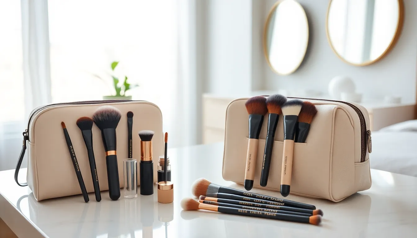 travel makeup brush set on a sleek vanity in a bright hotel room.