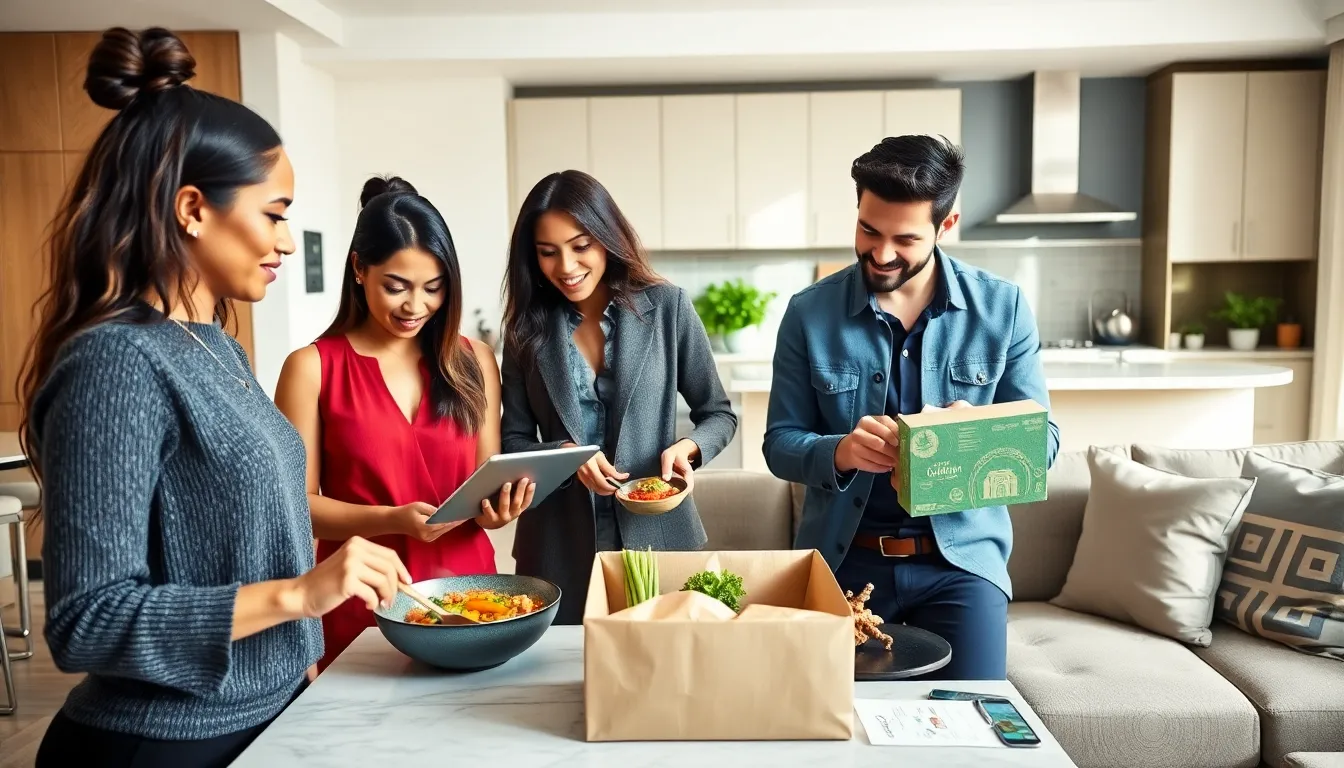 diverse group cooking in a modern living space.