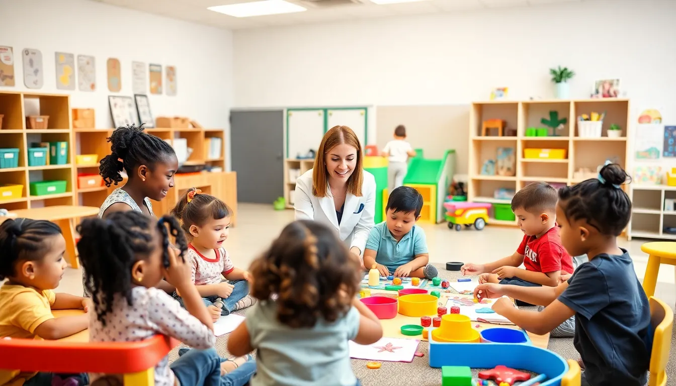 children learning in a vibrant classroom at a child development center.