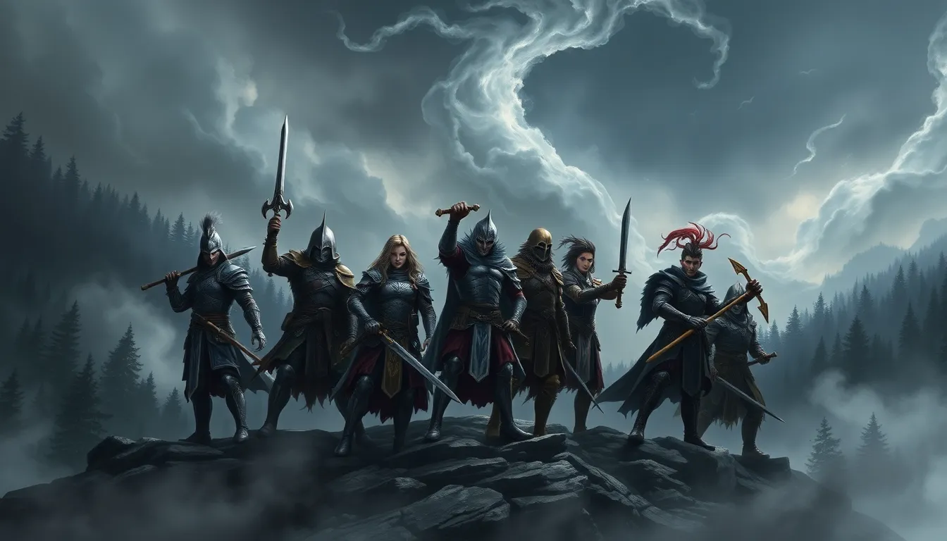 diverse warriors in a fantasy landscape, ready for battle.