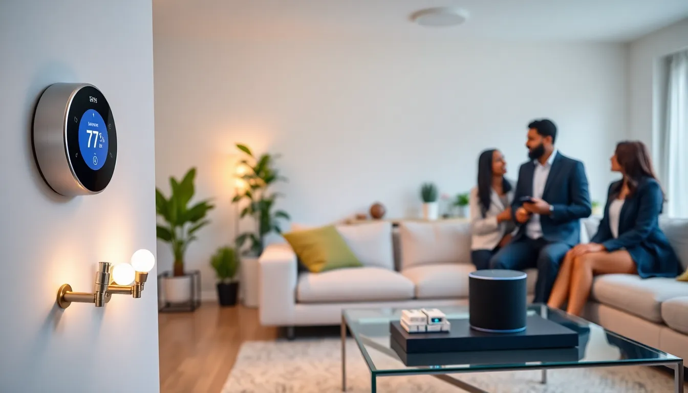 modern living room displaying various smart home gadgets.
