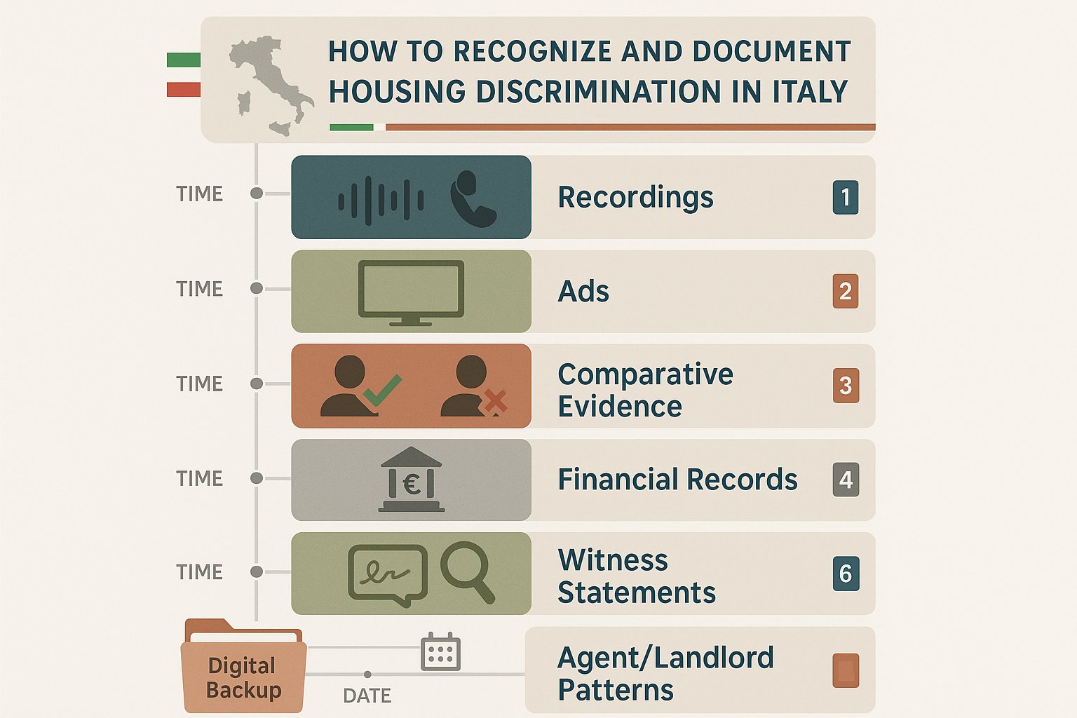 Infografica checklist per documentare la discriminazione abitativa in Italia.