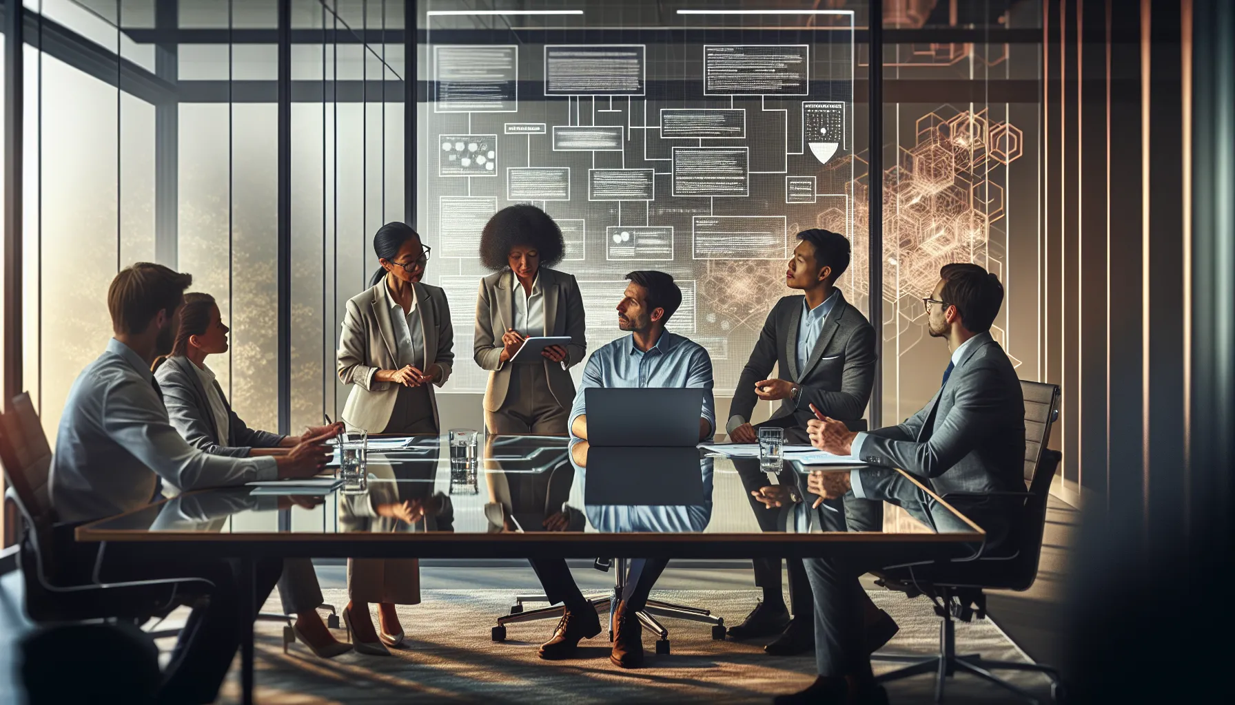 diverse IT team discussing gating implementation in a modern office.