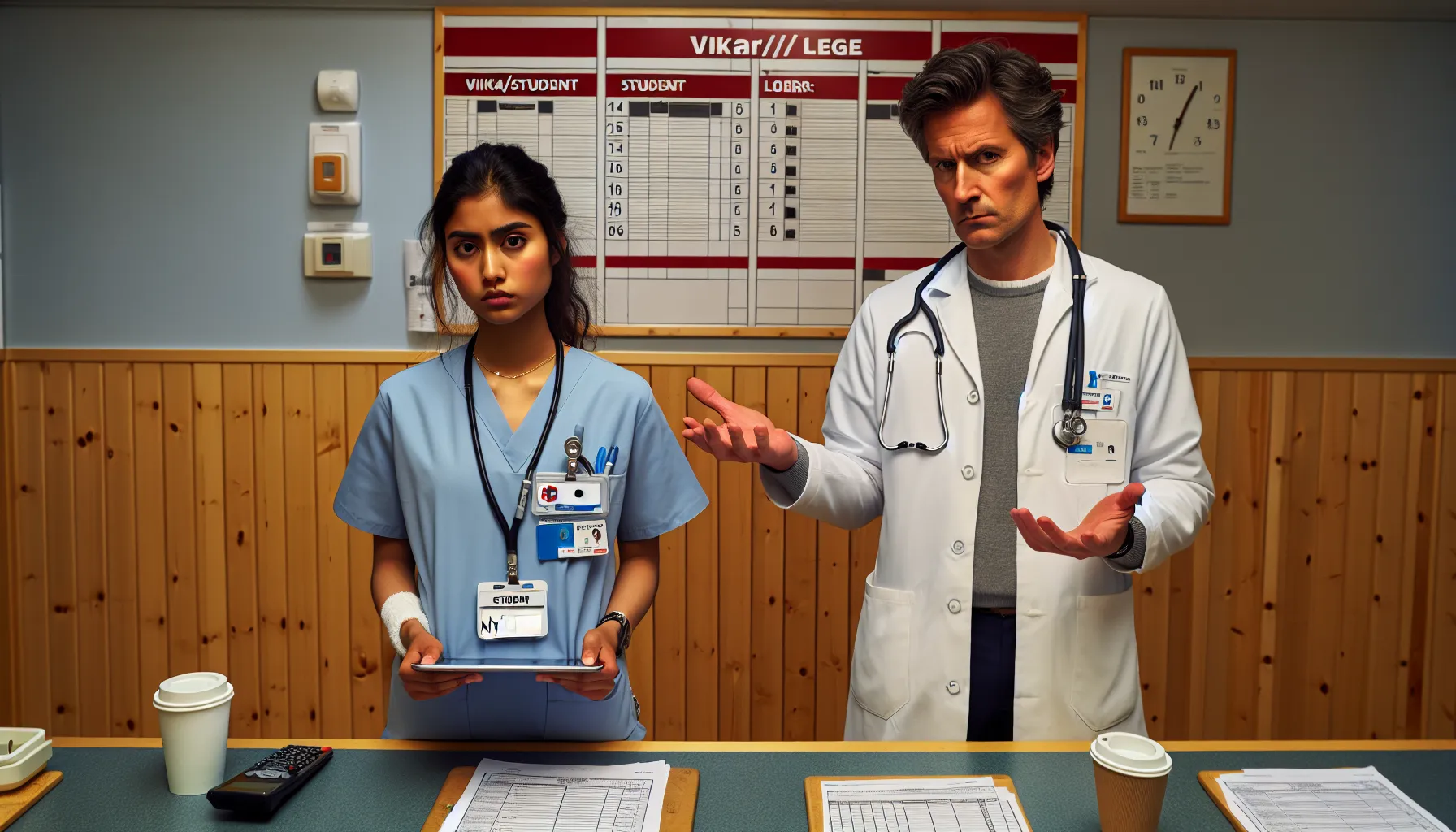 Young nurse with “student” badge dismissed by doctor in busy norwegian hospital.