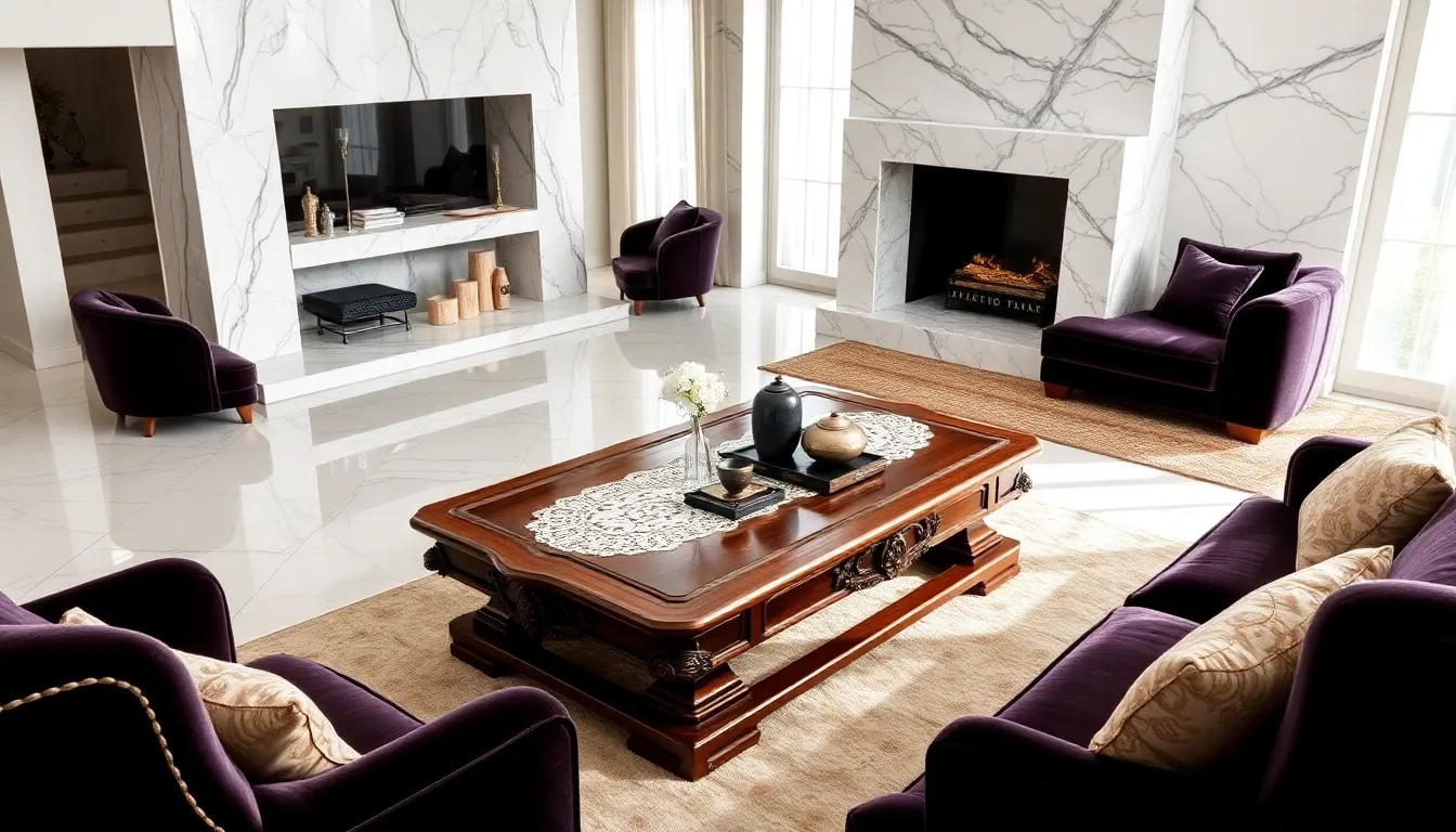 luxurious living room with elegant decor and quality materials.