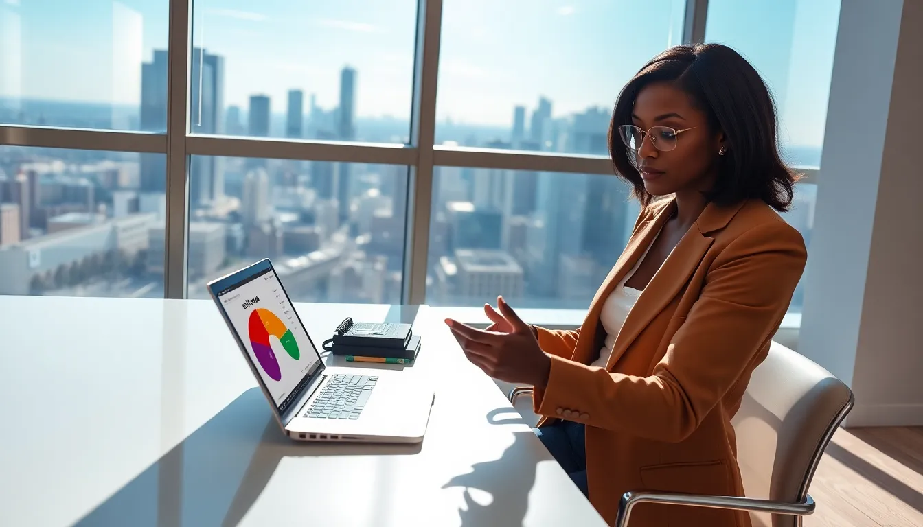 A woman analyzing cryptocurrency investments in a modern office.