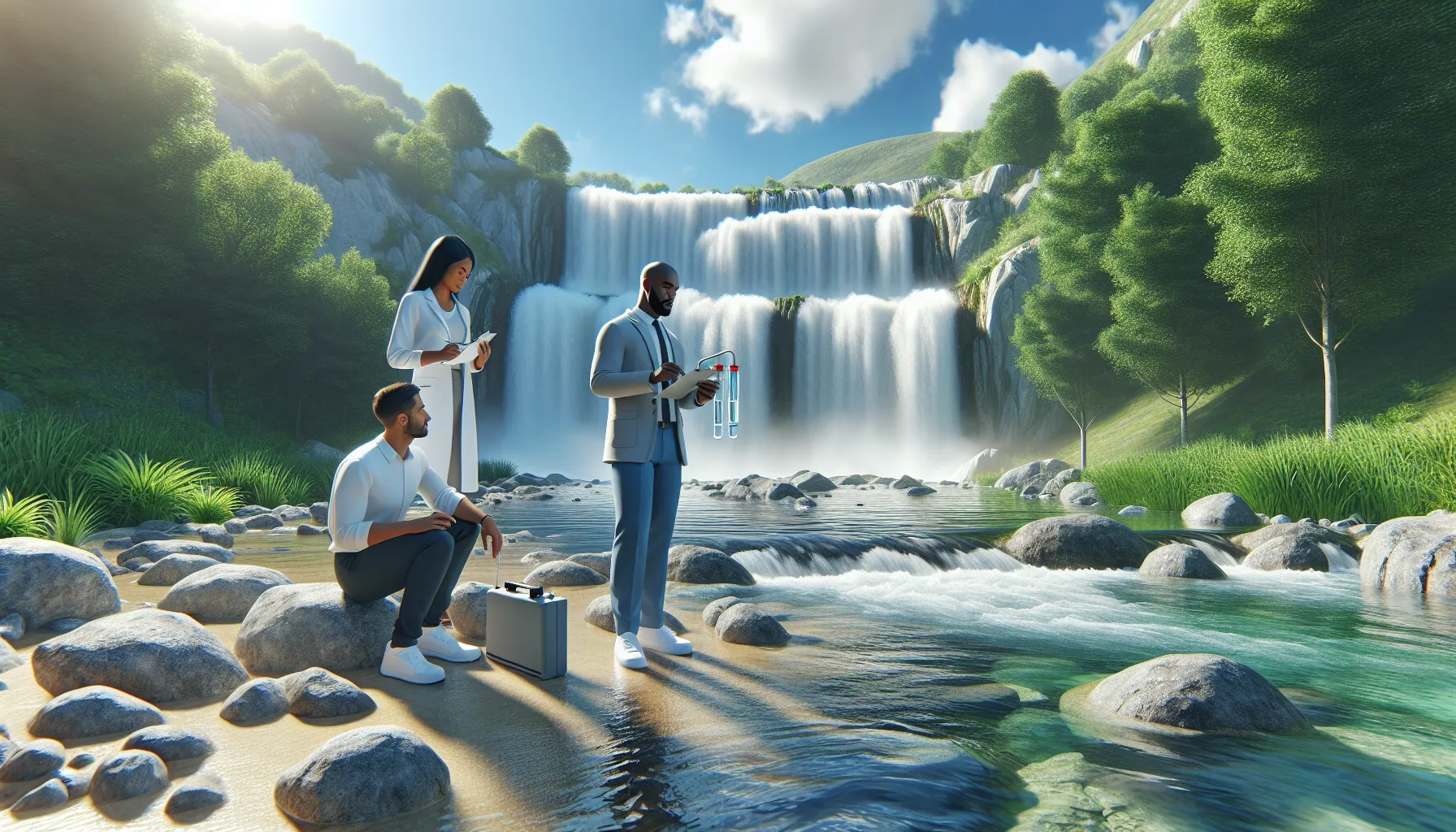 professionals testing water quality near a beautiful waterfall.