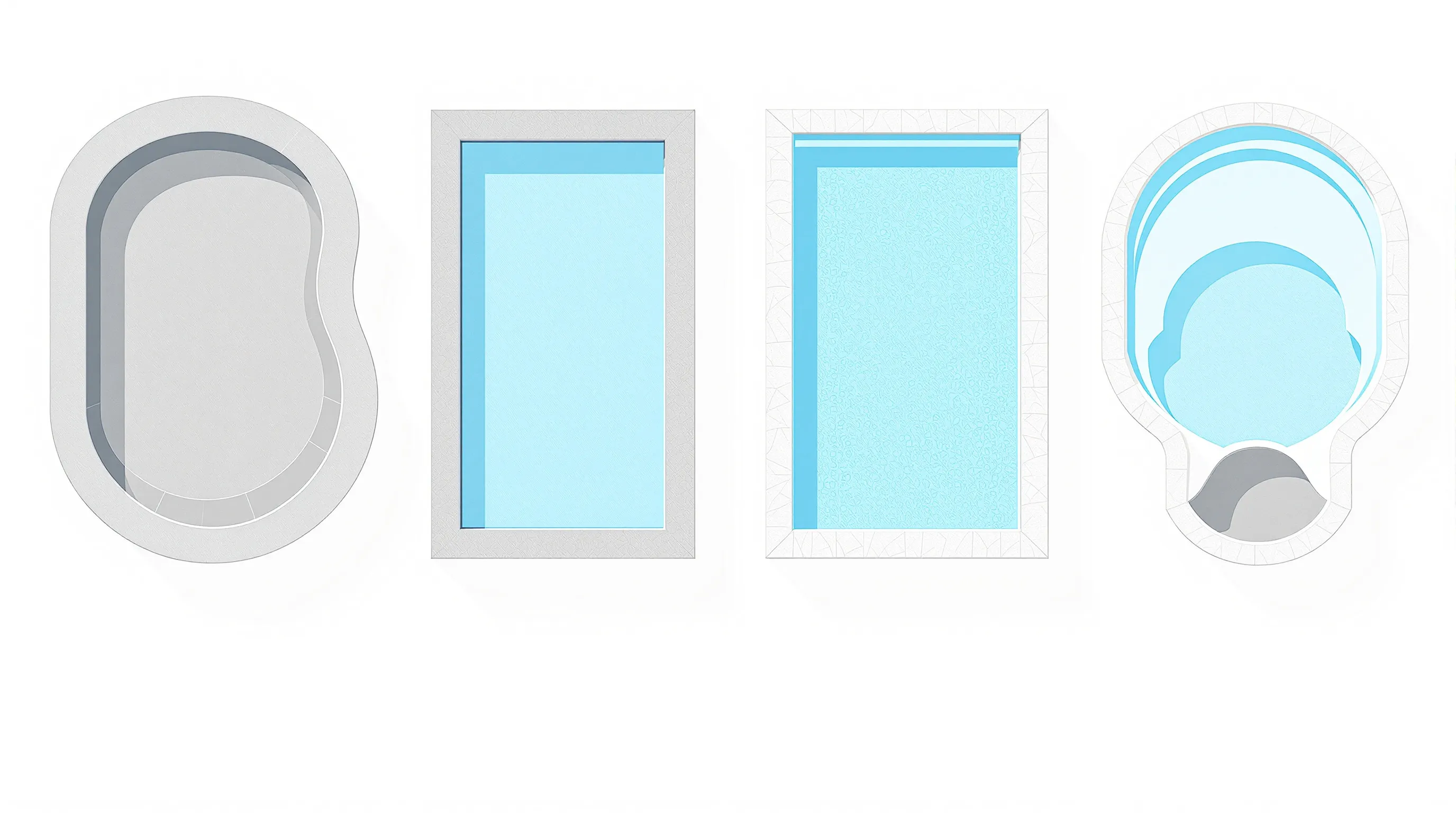 Four minimal pool shapes representing concrete, modular, fiberglass, and natural pool types.