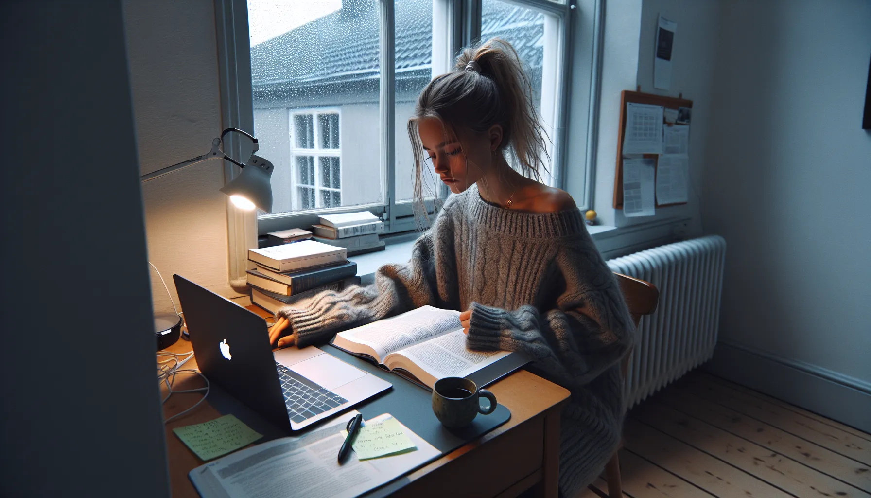 Exhausted norwegian student staring at notes in dim winter light.