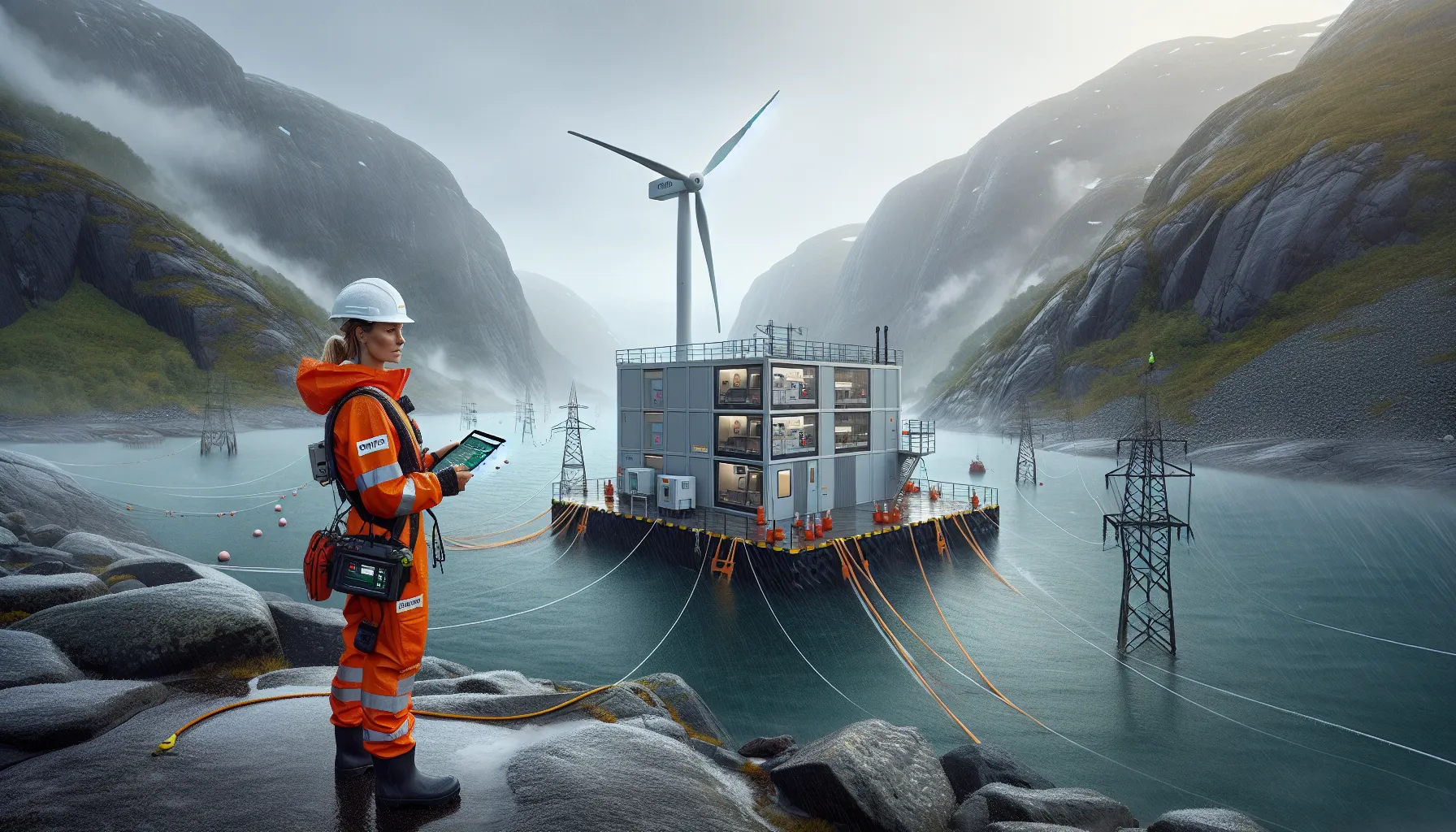 Norsk innovasjon innenfor fornybar energi 2 Engineer monitors offshore wind prototype testing in a stormy norwegian fjord.