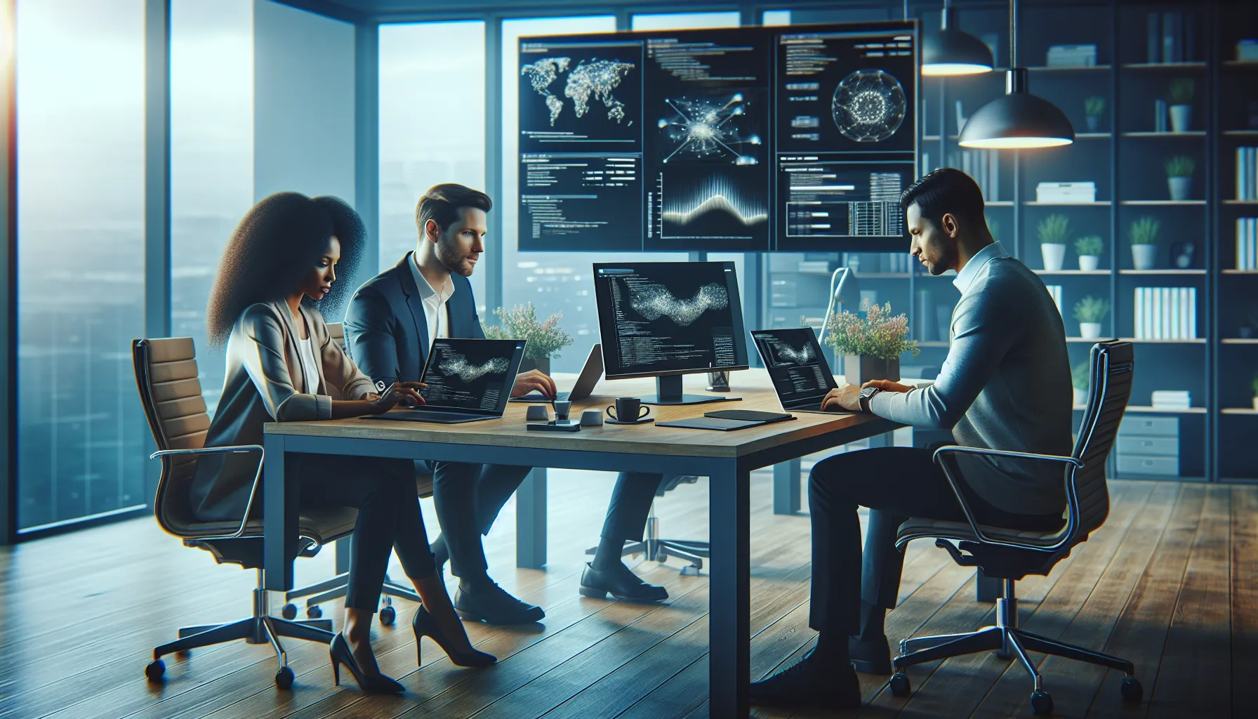 diverse team discussing software development in a modern office.