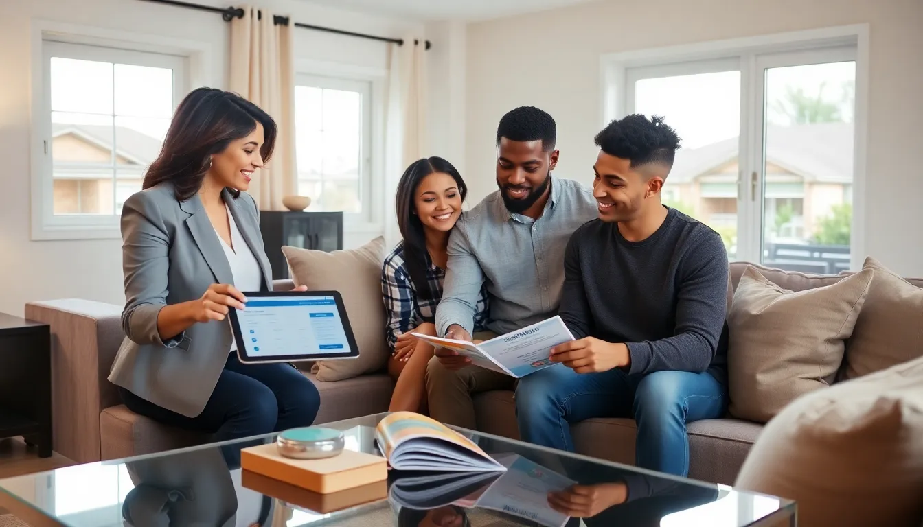 first-time home buyers discussing homeowners insurance with an agent.