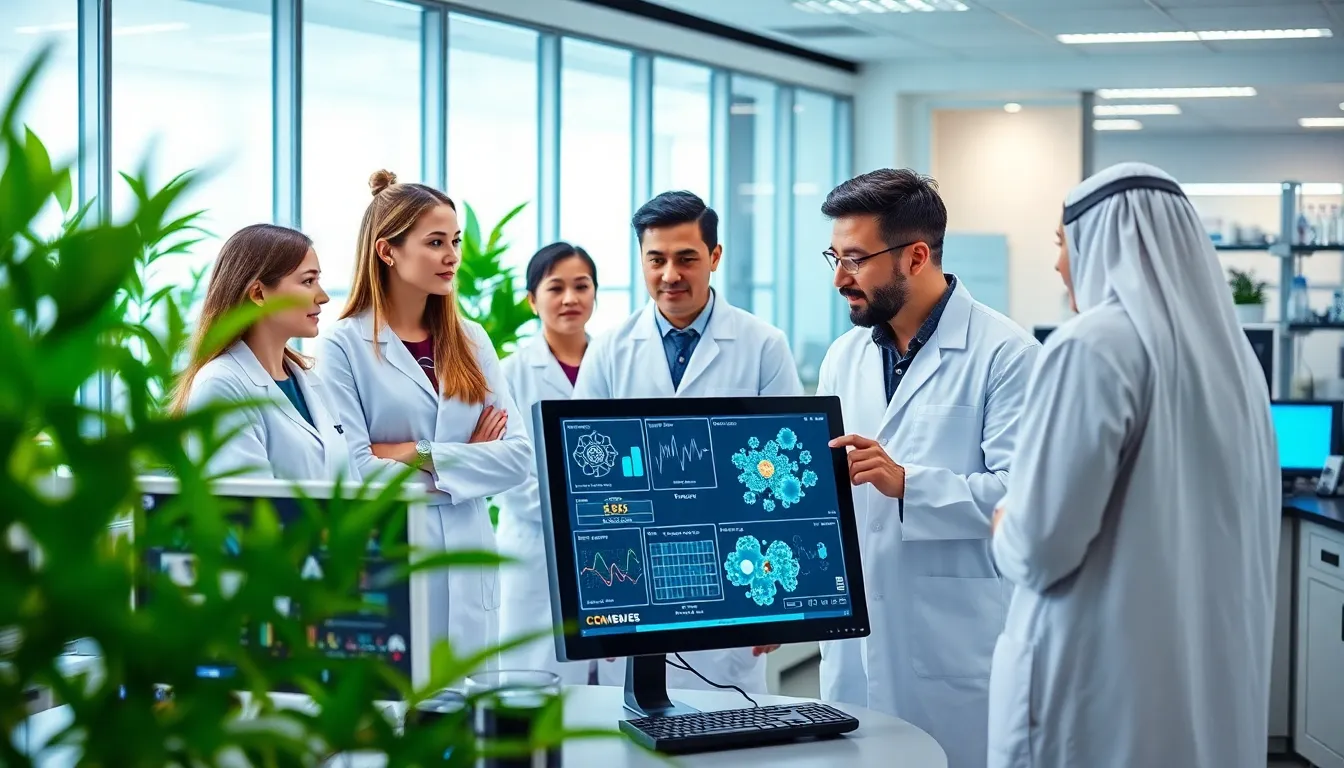 Diverse biotech team collaborating in a modern research lab.