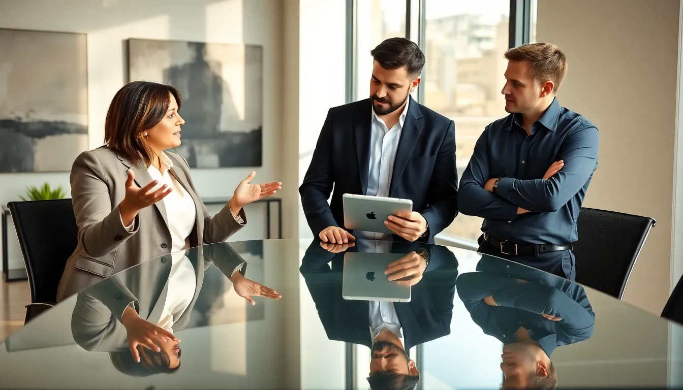 diverse entrepreneurs discussing health insurance in a modern office.