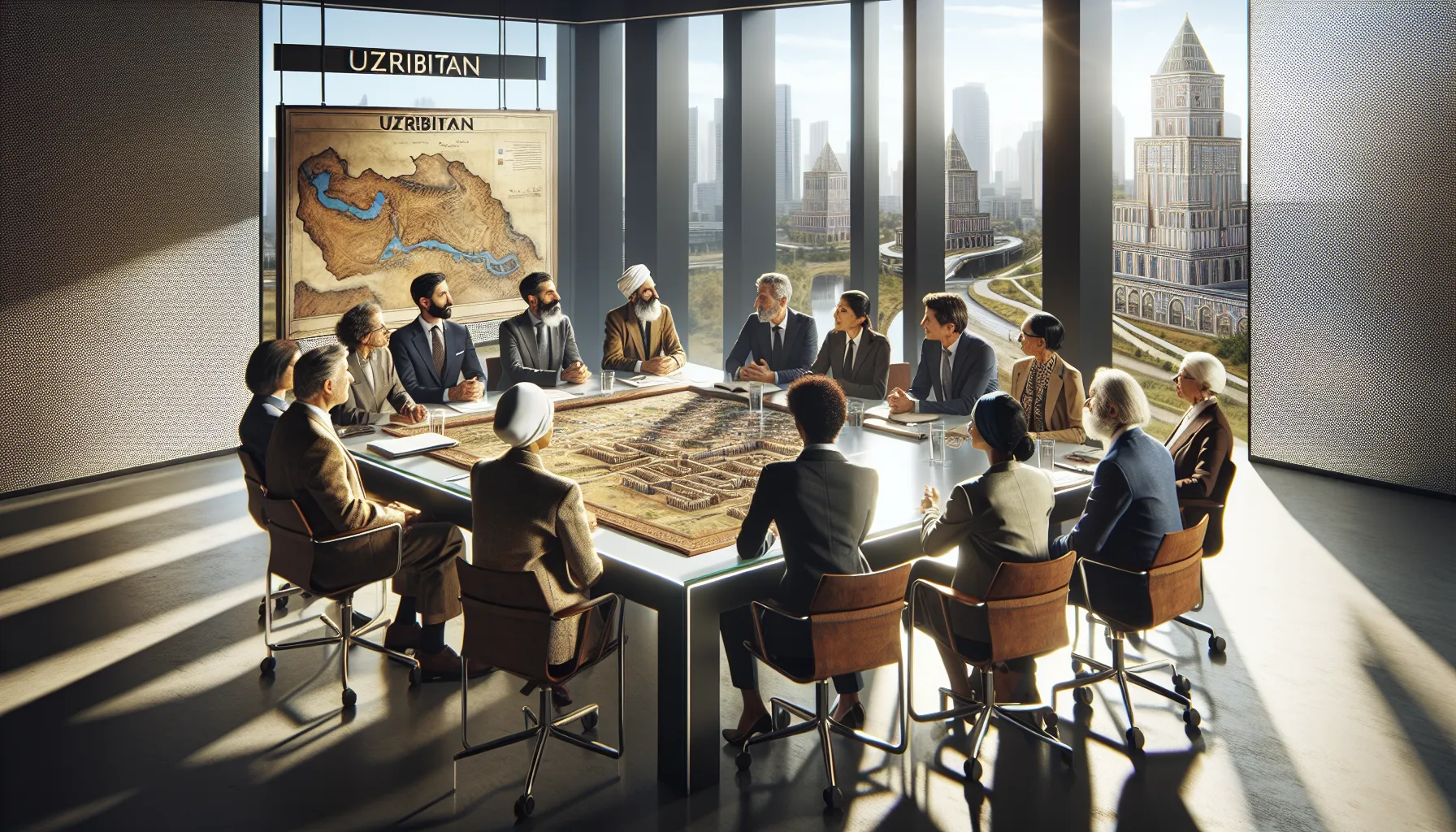 diverse professionals discussing Uzribitan's rich historical background.