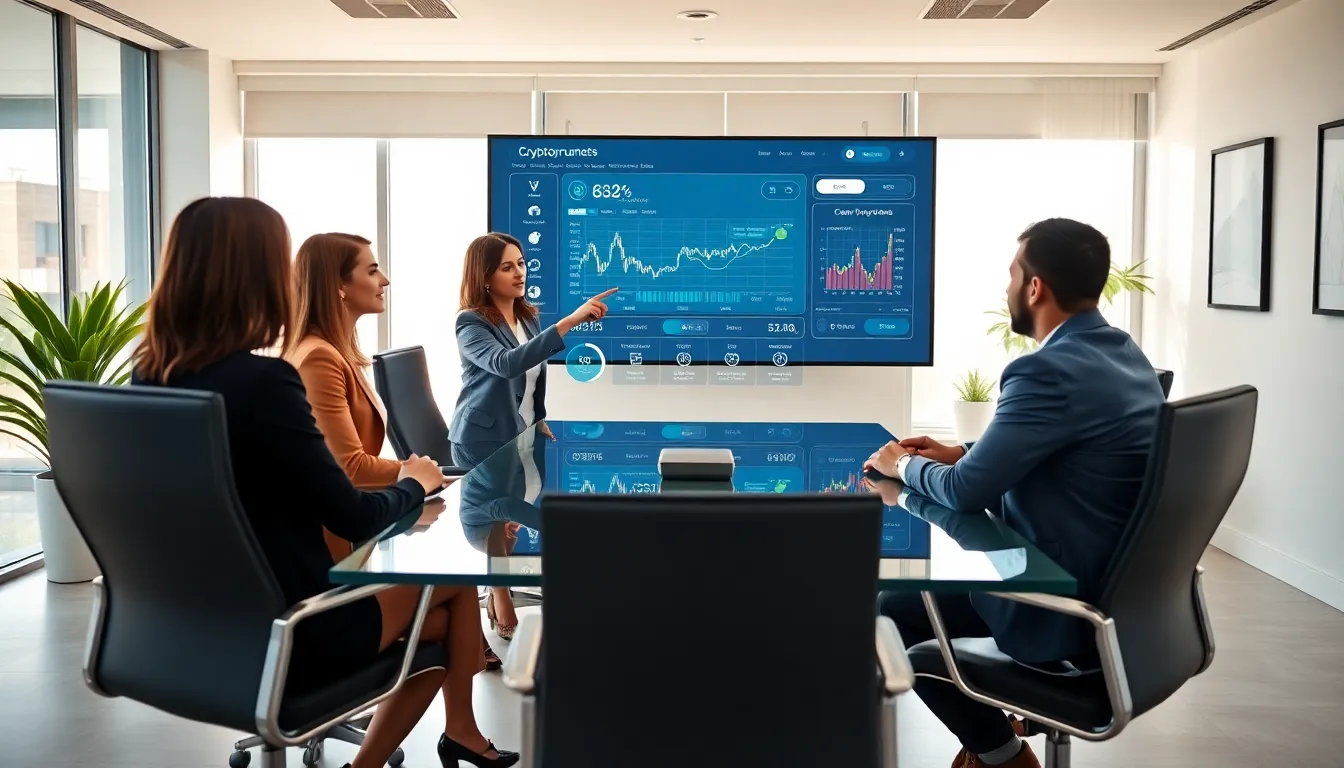diverse team discussing cryptocurrency in a modern conference room.