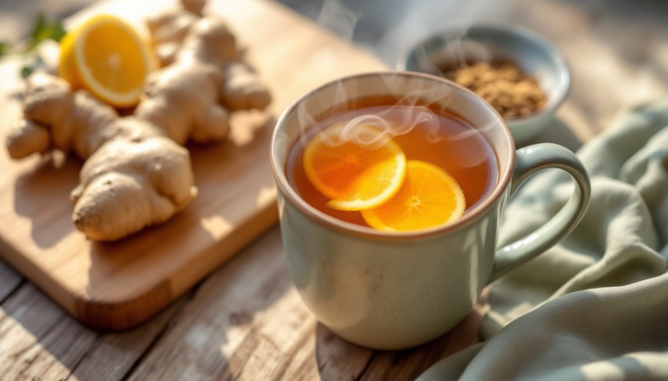 A steaming cup of fresh ginger tea with lemon on a wooden table.
