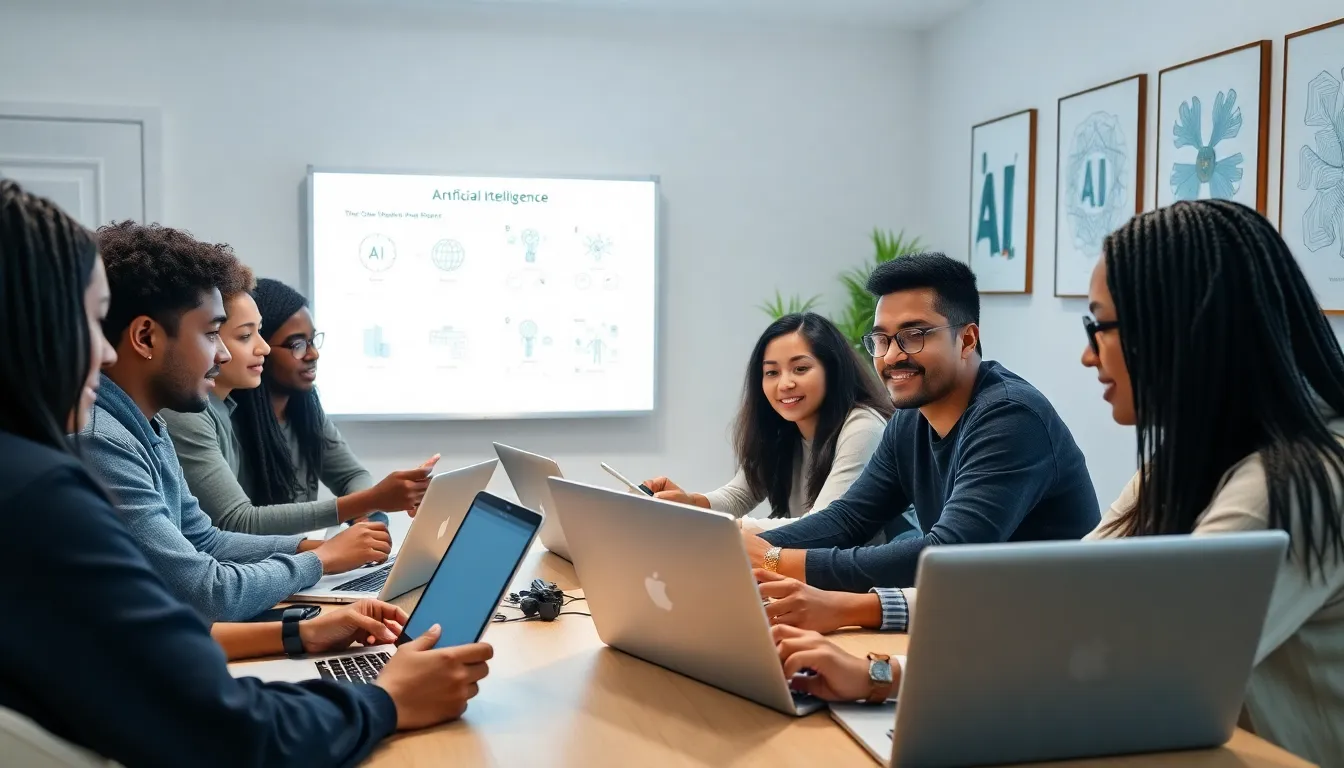 diverse students in a modern setting learning about artificial intelligence online.