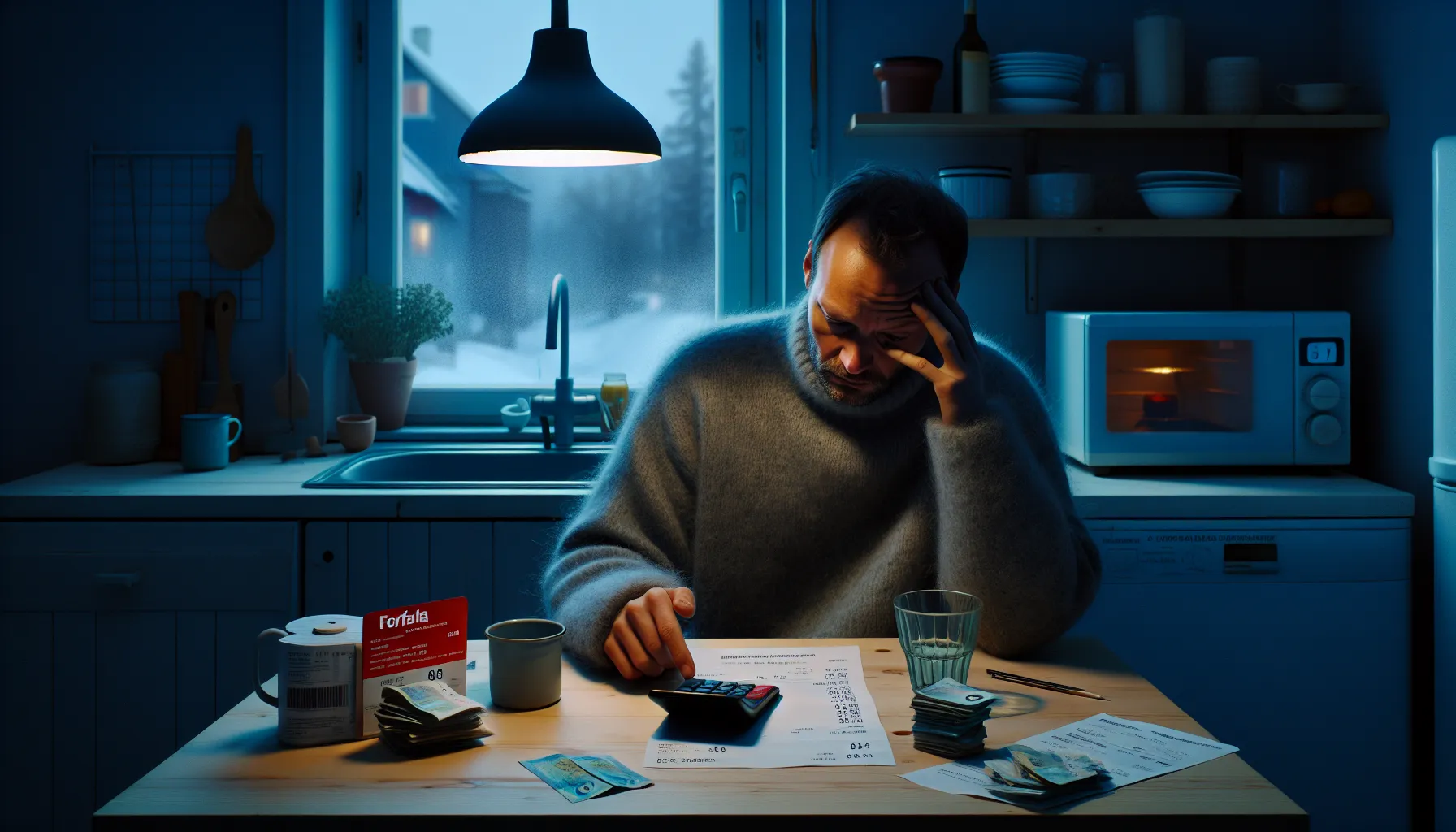 Stressed adult in norway reviewing overdue bills at a kitchen table in winter.
