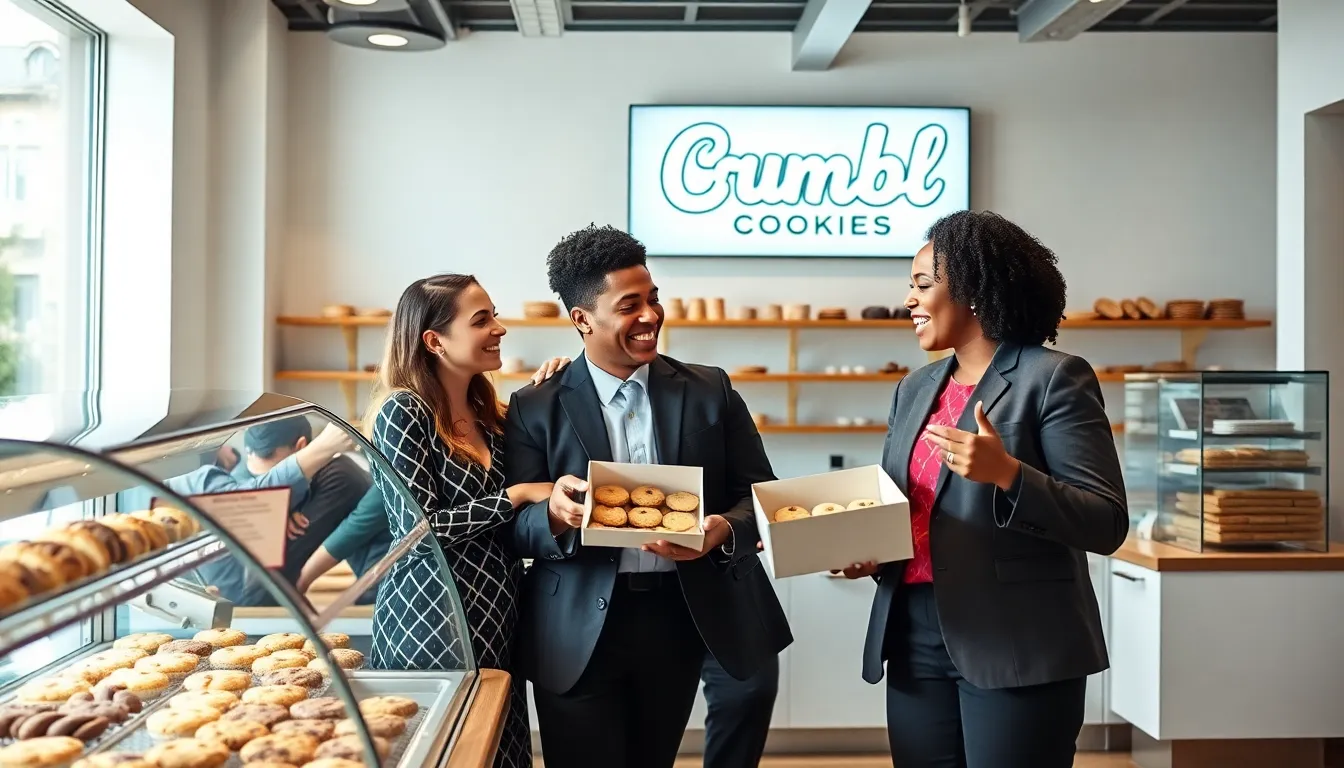 customers enjoying Crumbl Cookies in a modern, inviting shop.