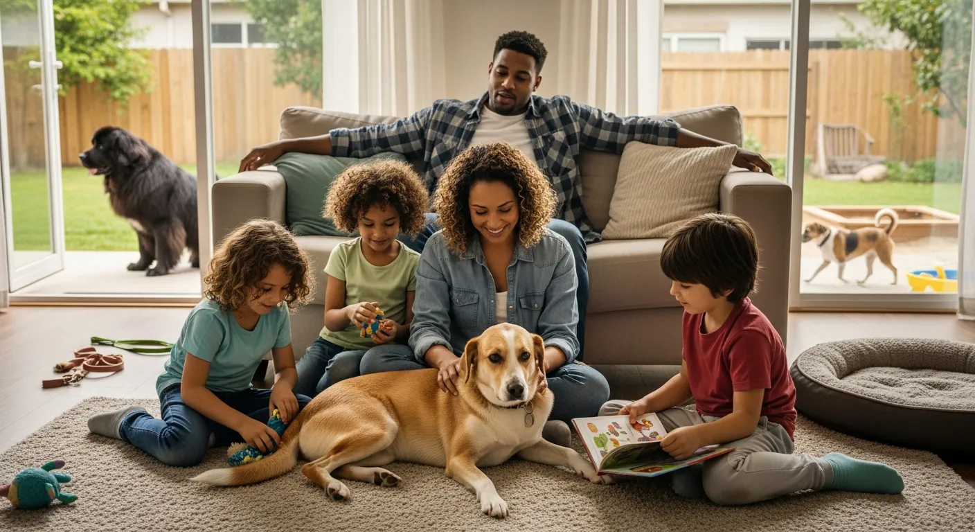 American family relaxing with calm dogs in a cozy living room and backyard.