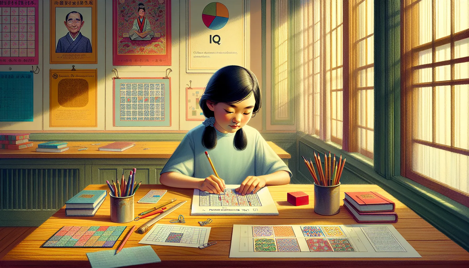 A young girl taking an IQ test in a classroom setting.