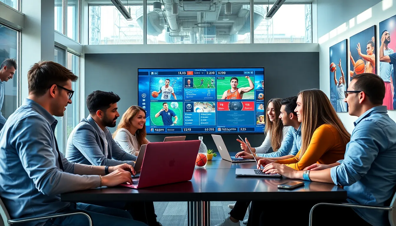 diverse sports enthusiasts engaging in discussion in a modern office.