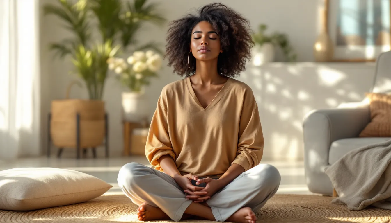 Woman practicing mindful breathing with hands on chest and belly in a calm room.
