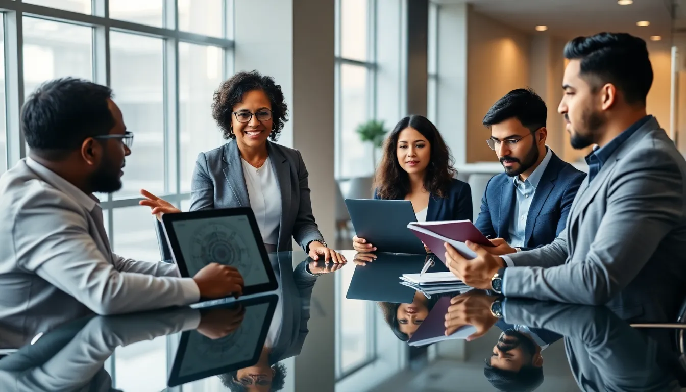 professionals discussing interpretations of the number 7577121475 in a modern office.