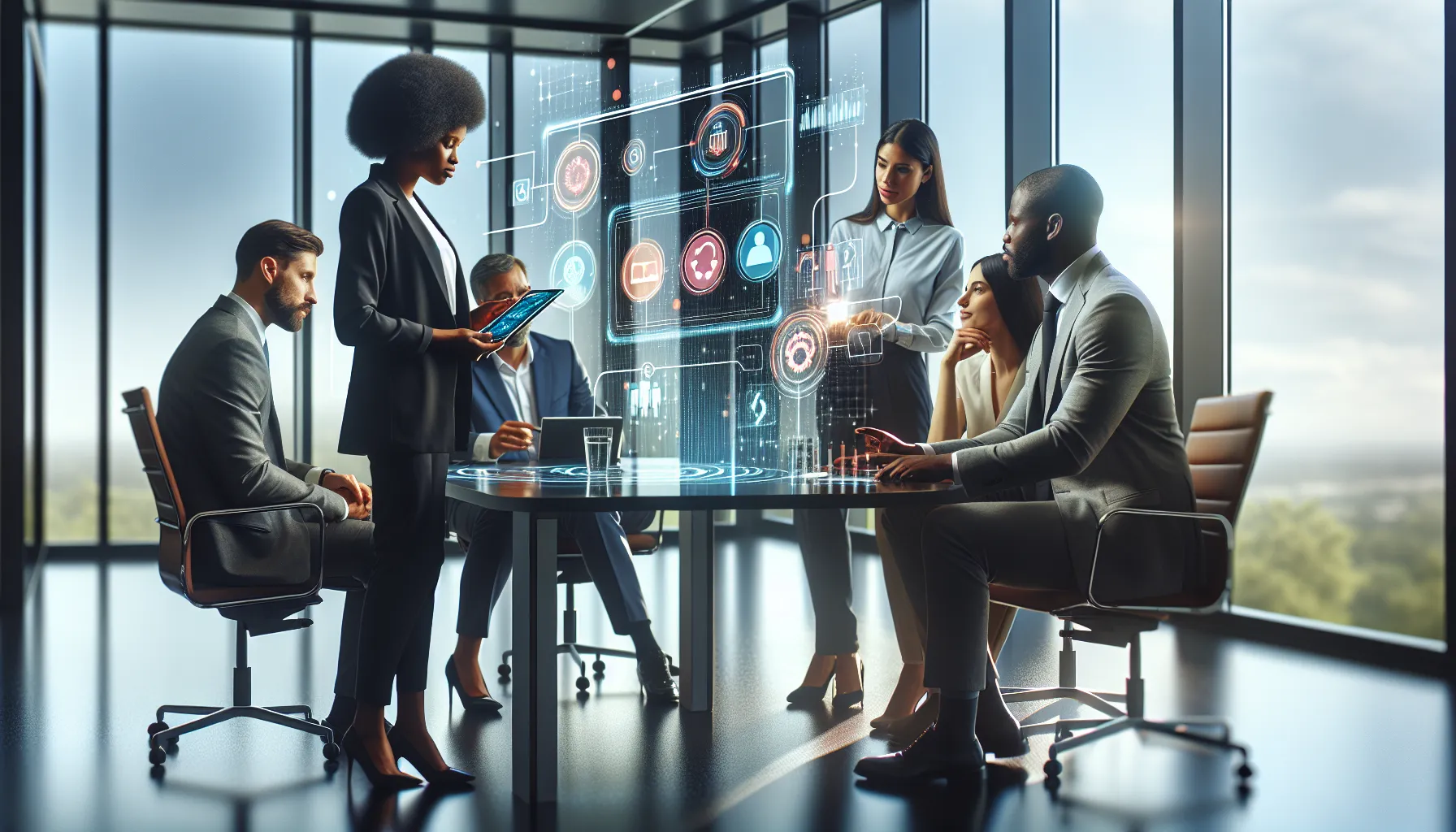 diverse team discussing applications of a versatile phone number in a modern office.