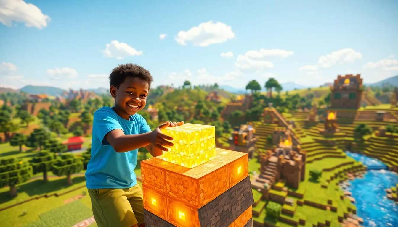 a young boy playing Minecraft in a colorful landscape with new updates.