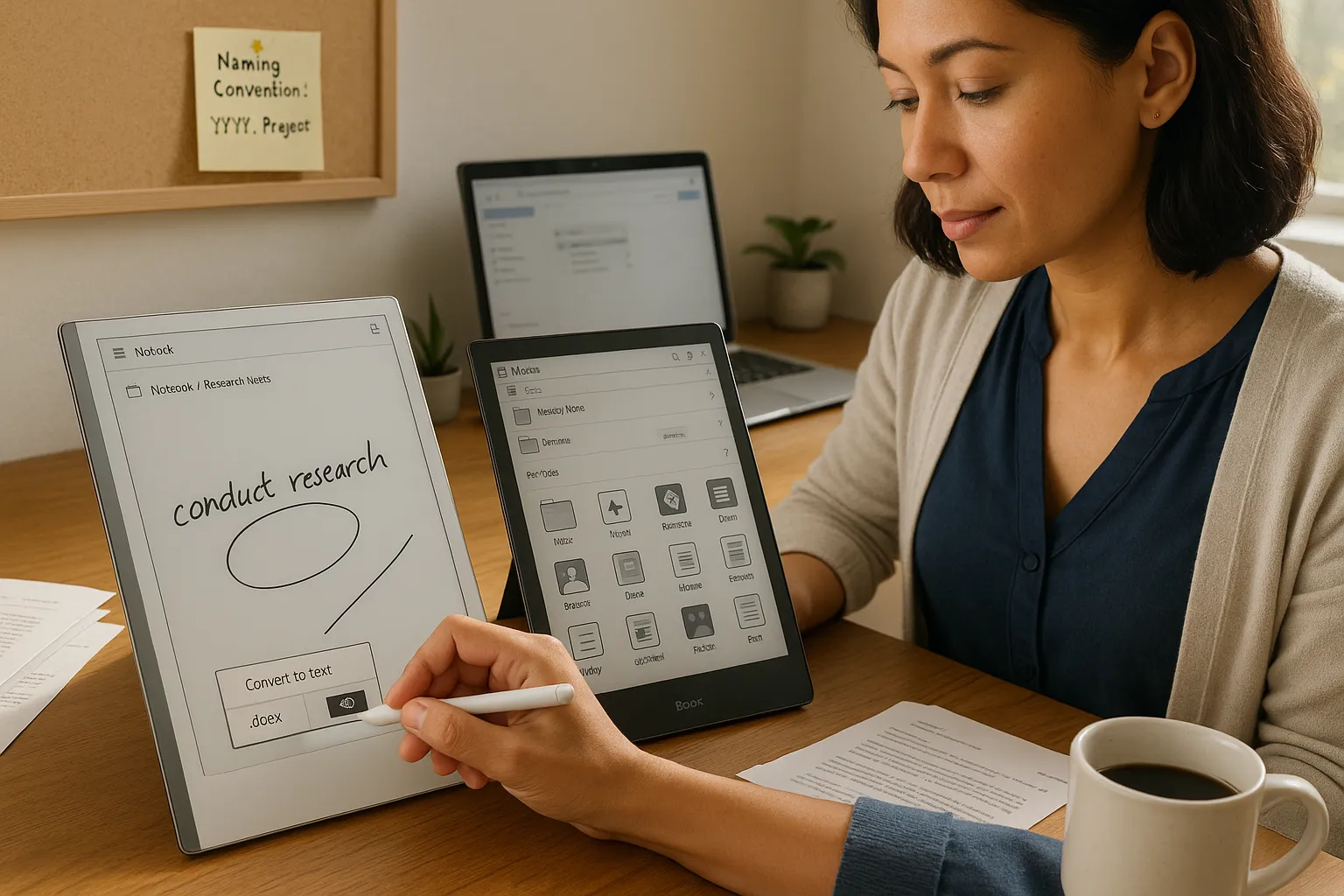 person comparing reMarkable 2 and Onyx Boox note-taking screens at desk