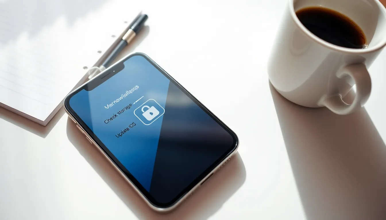 iPhone on a desk showing app download issues with notes around.
