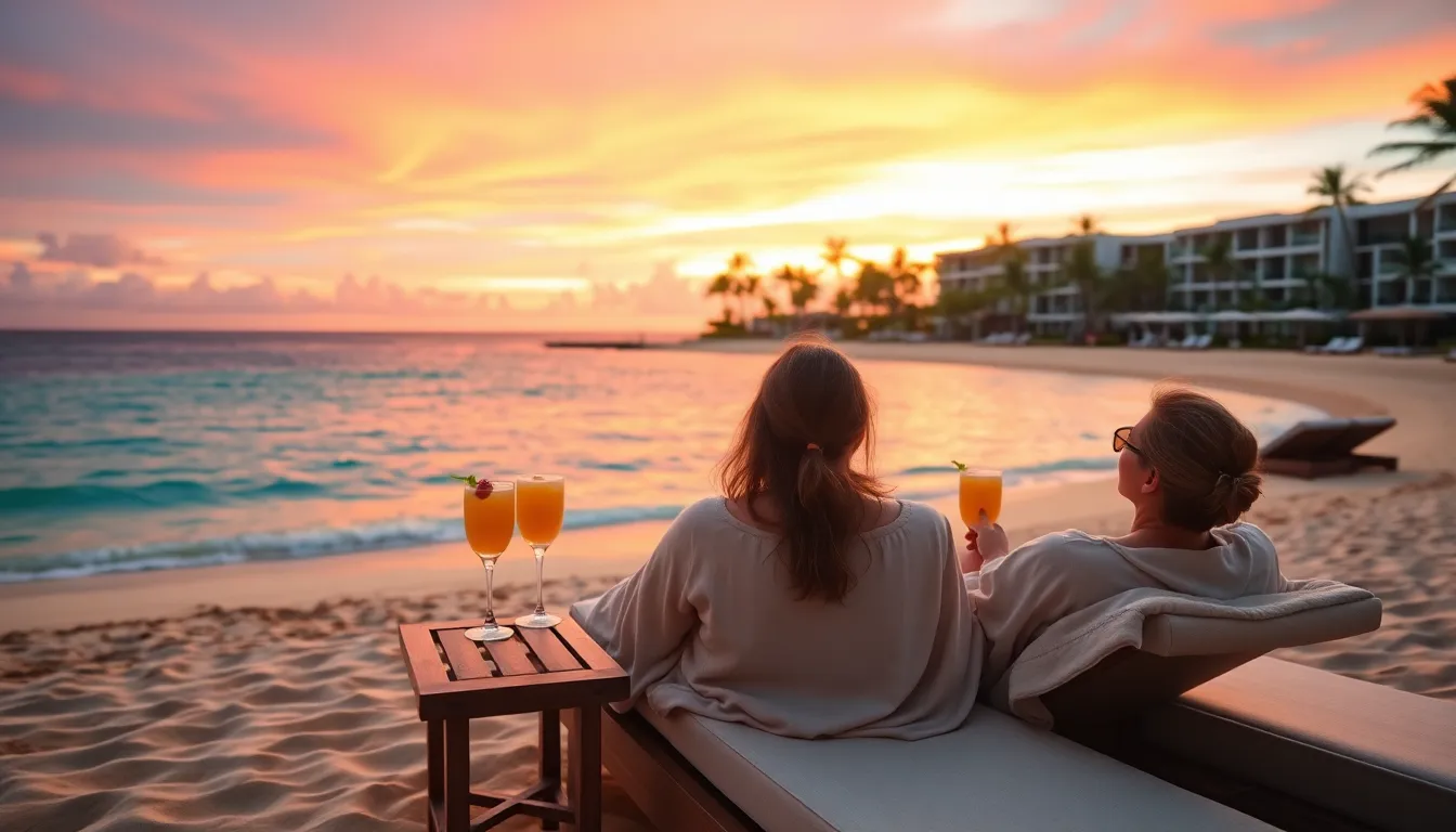 couple relaxing on a beach in Maui during sunset.