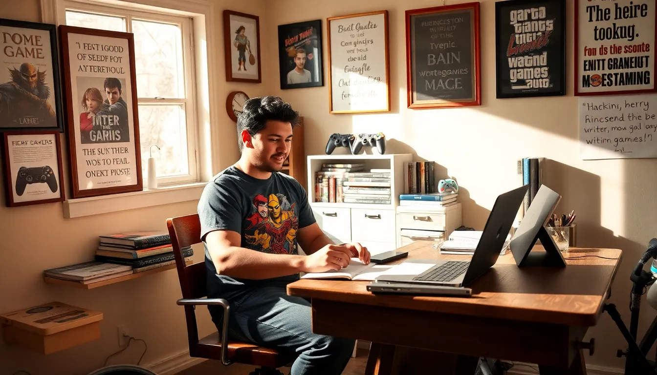 Larry Nando writing in his home office with gaming-themed decor.