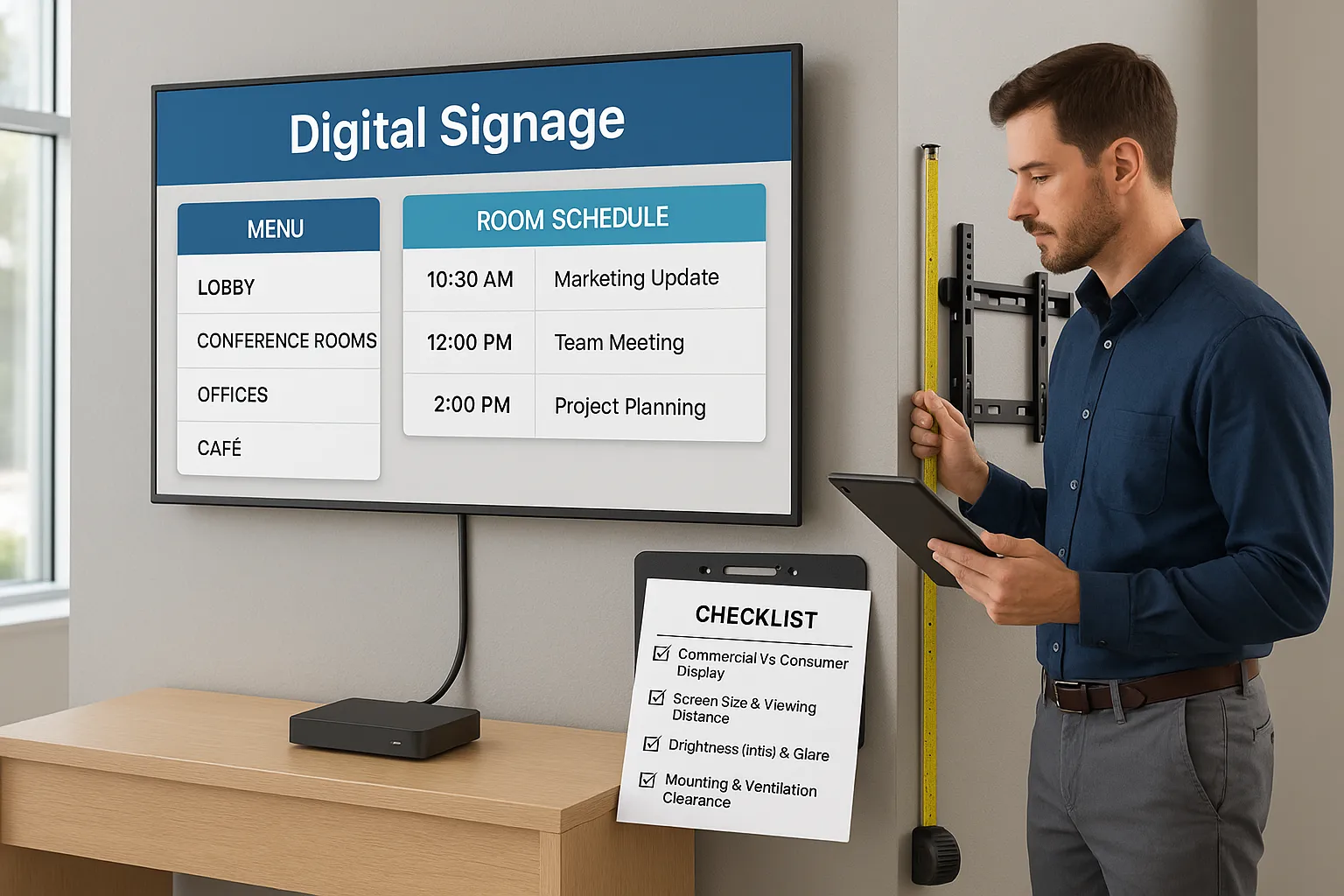Technician selecting commercial digital signage screen, media player, and mount in office.