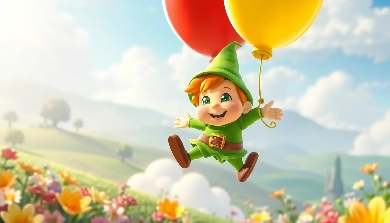 Tingle floating with a red balloon in a colorful fantasy landscape.