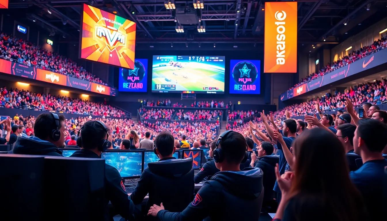 diverse crowd watching a live esports tournament in a modern arena.