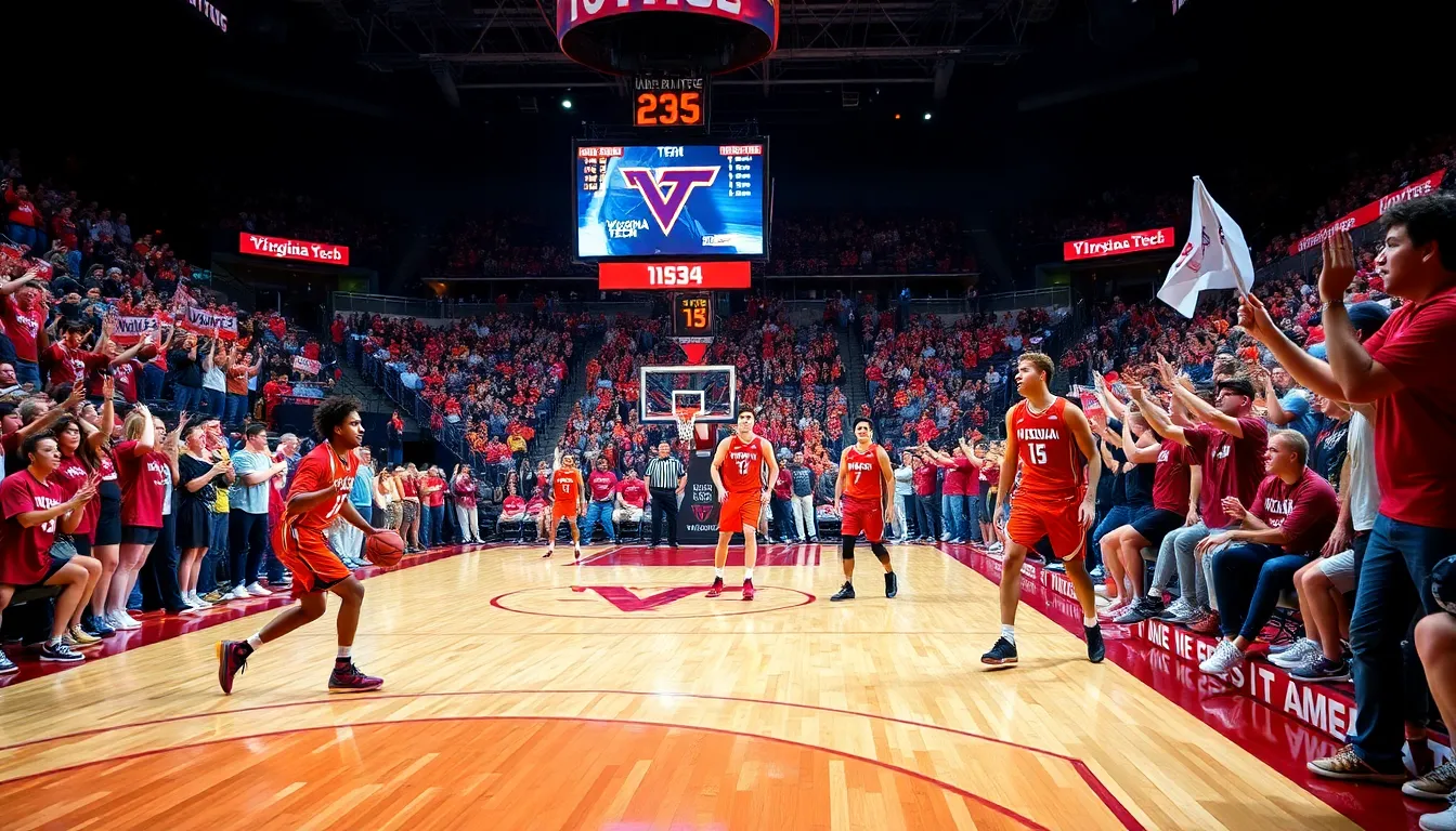 Virginia Tech basketball game with enthusiastic fans and players in action.