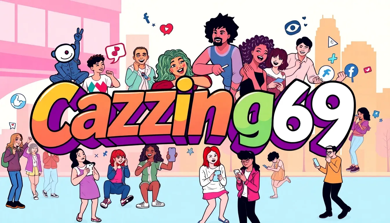 Stylized representation of 'Cazzinga69' with diverse young adults engaged with memes.