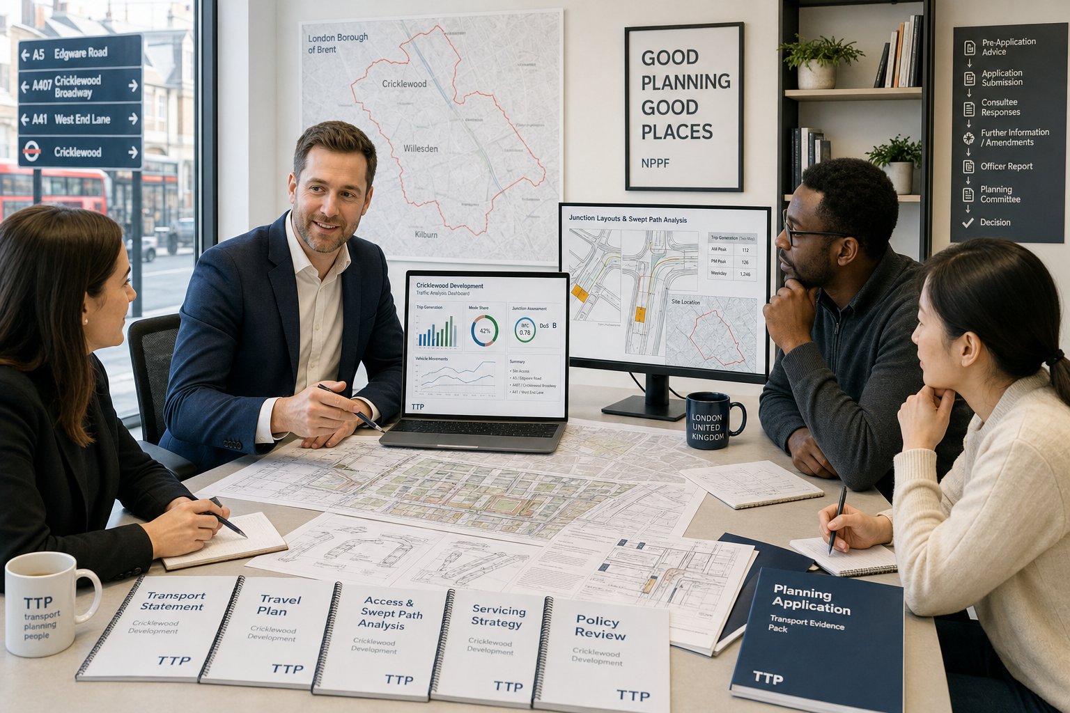 Traffic engineer reviewing planning and transport documents in a modern UK office.