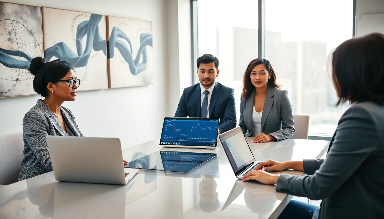 diverse team discussing blockchain staking in a modern office.